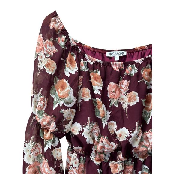 Wilde Floral Boho Dress Large Off Shoulder Burgundy Sheer‎ Ruffle Sleeve Cottage - Picture 6 of 8